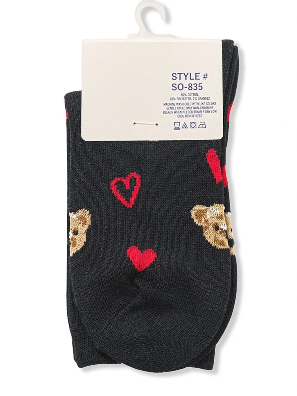NWT Zenana Black & Grey Teddy Bear Heart Crew Socks Cozy Cute Gift One Size